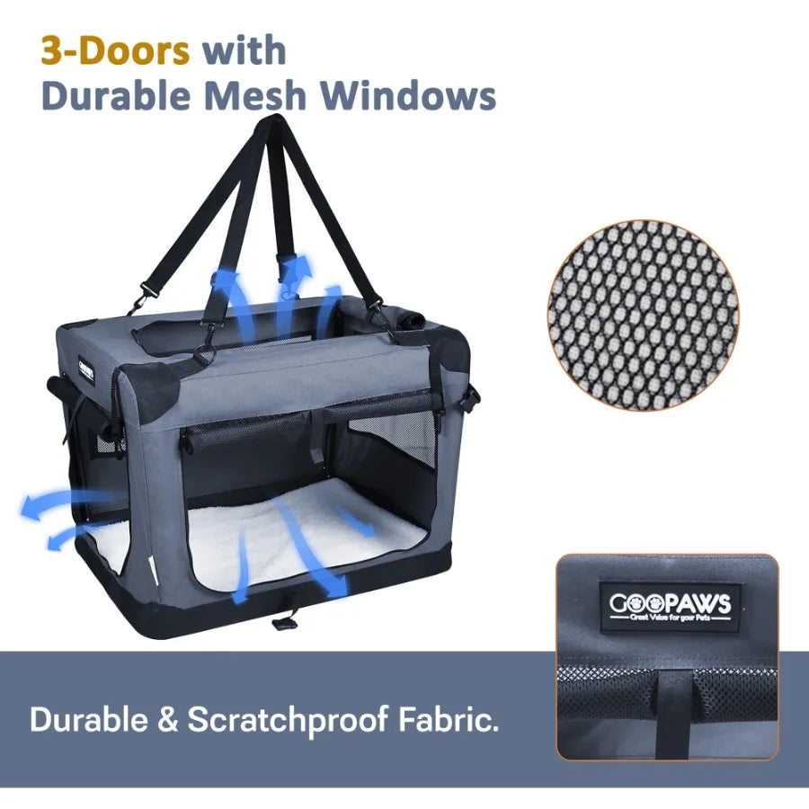 Soft-Pet Crate 3-Door Folding Kennel For Dogs And Cats