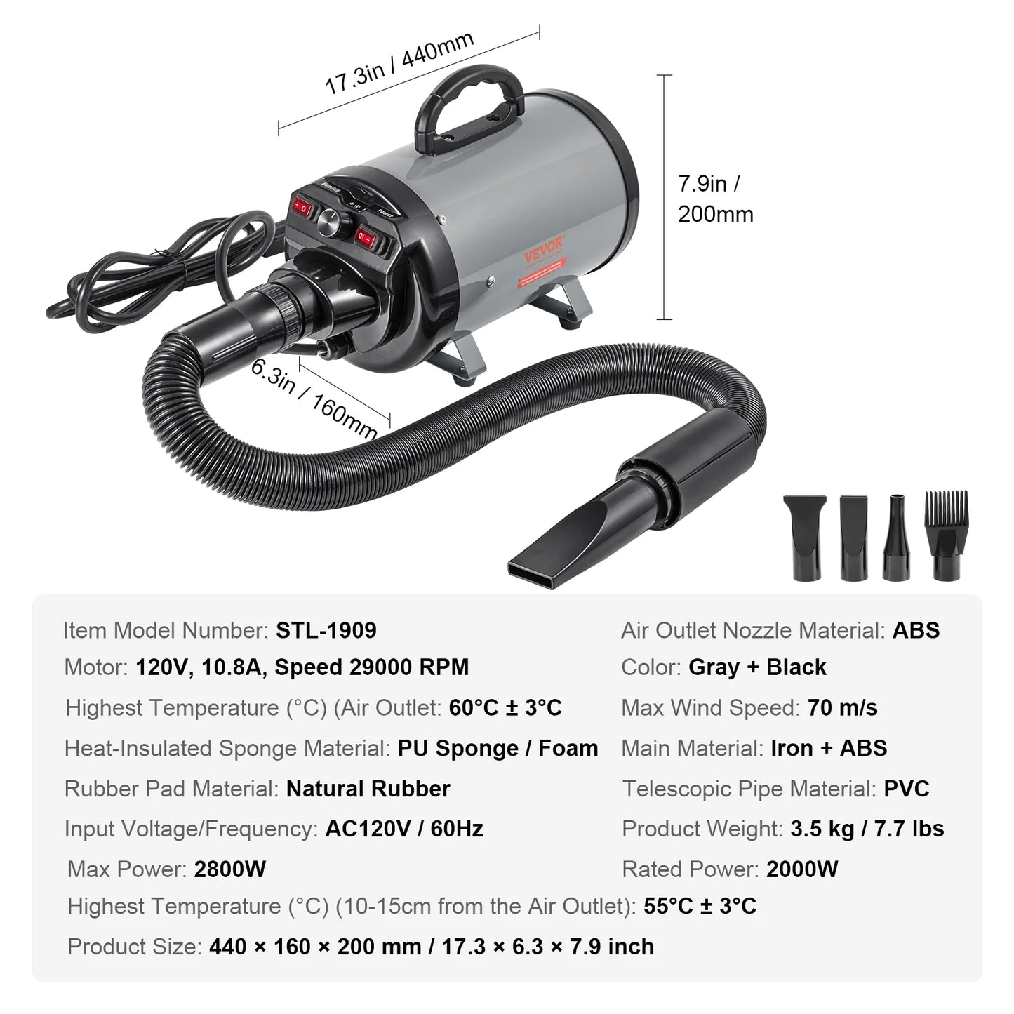 SucceBuy 2000W Dog Blow Dryer With Adjustable Speed Temperature And Nozzles