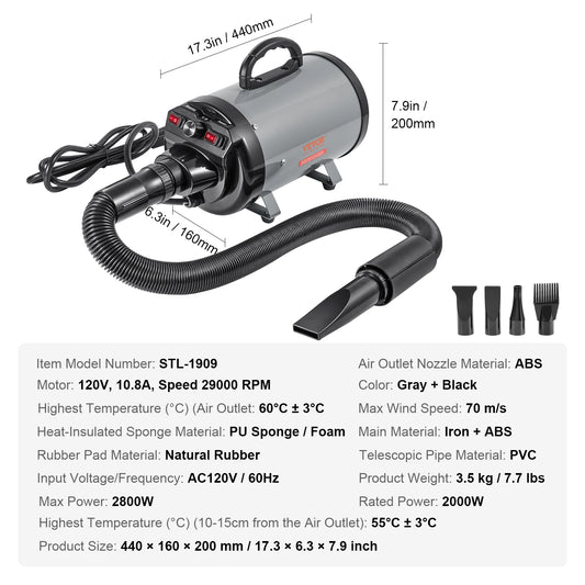 SucceBuy 2000W Dog Blow Dryer With Adjustable Speed Temperature And Nozzles