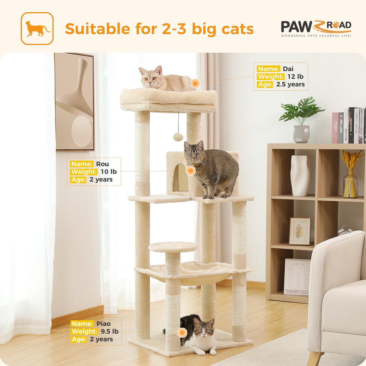 PAWZ Road Five Level Cat Tree For Indoor Cats With Hammock
