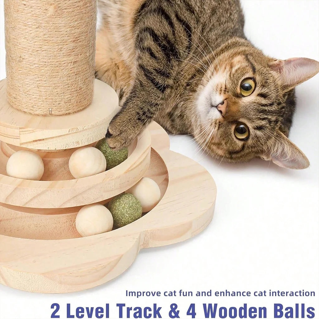Wooden Cat Scratcher With Ball Track Feather Toy Activity Center