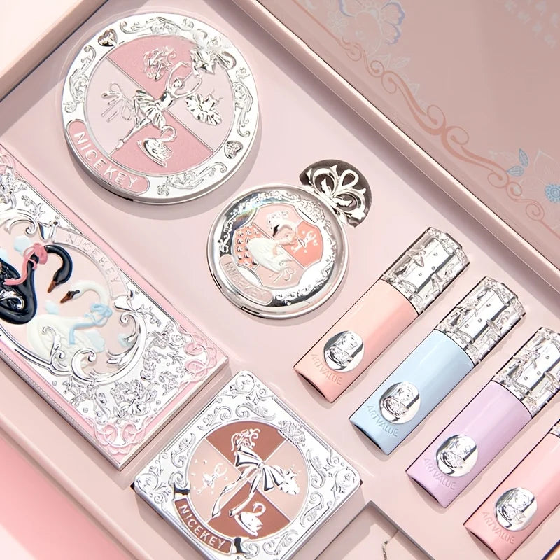 Swan Ballet 9‑Piece Makeup Gift Set for Women & Beginner Students, All‑in‑One Cosmetic Kit: Eyeshadow, Pressed Powder, Lipstick, Blush. Perfect Gift for Birthday, Valentine’s Day, Halloween, Exquisite Party Present