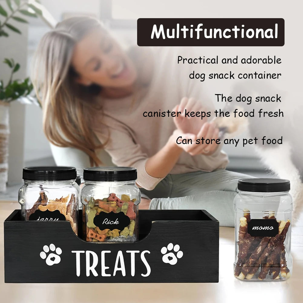 Wooden Dog Treat Container With 3 Plastic Jars Storage Organizer