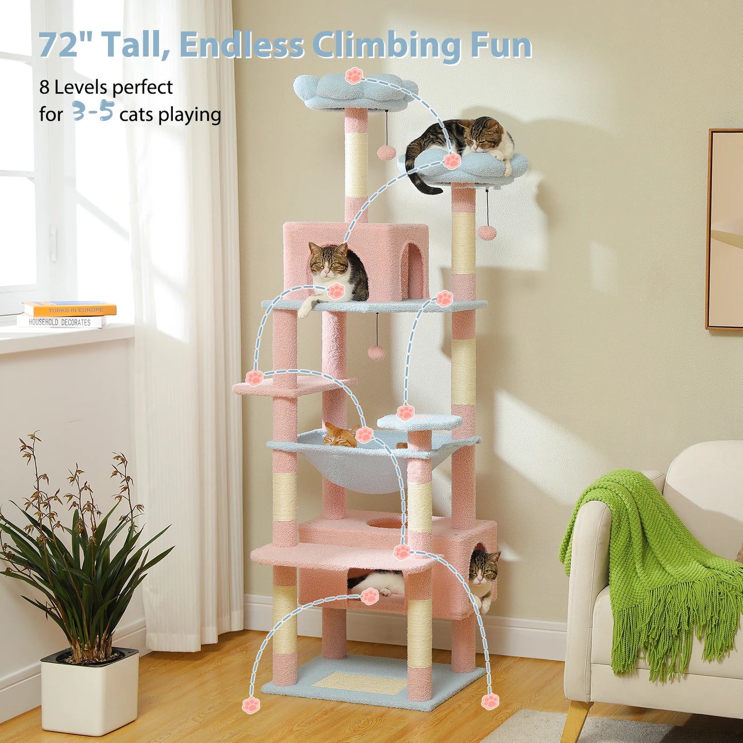 PETEPELA Cat Tree Tower With Sisal Posts Padded Perches And Condos