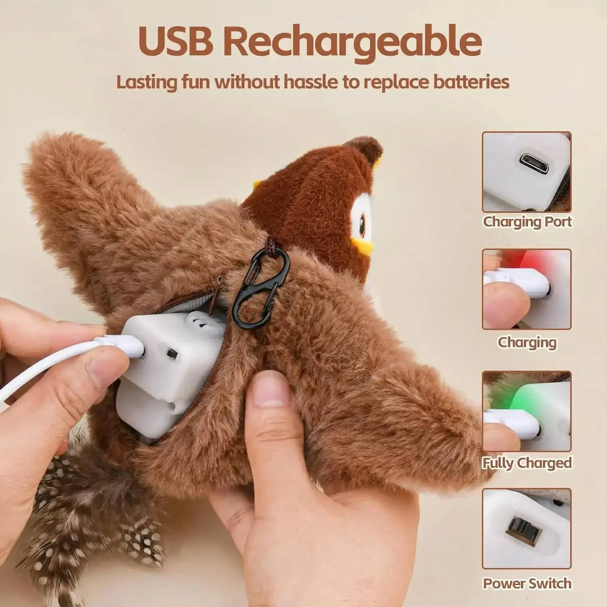 Interactive Rechargeable Chirping Flapping Bird Cat Toy Touch Activated