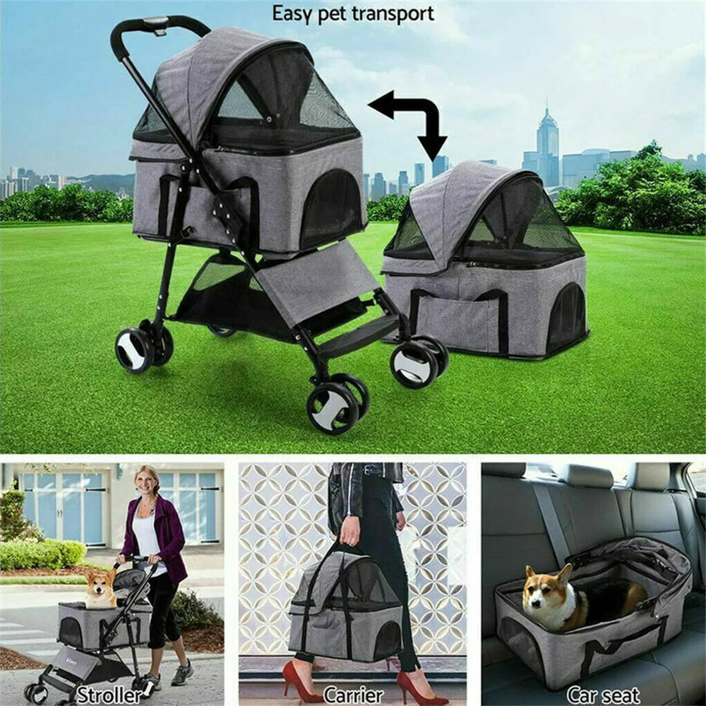 Foldable Pet Dog Stroller With Rain Cover And Storage Basket