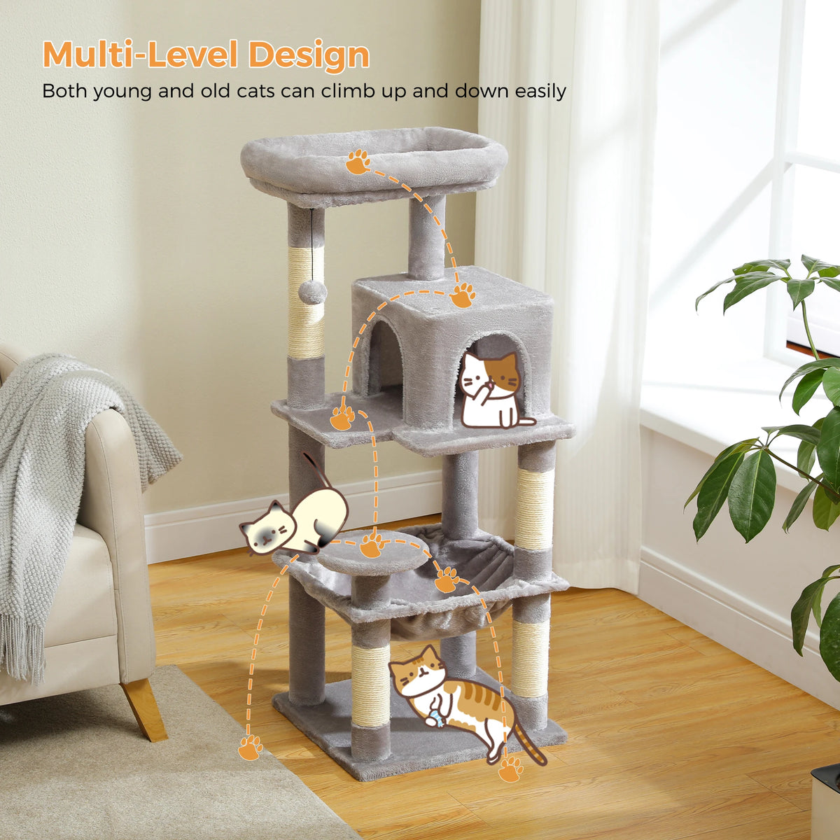 PETEPELA Indoor Cat Tree Tower With Hammock Condo And Perch