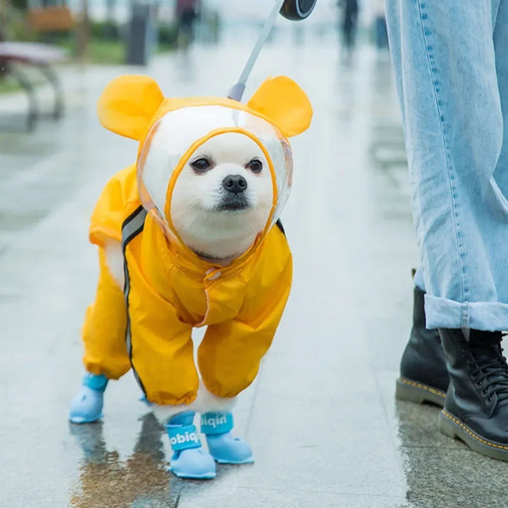 Bear Shape Dog Raincoat With Hat Reflective Waterproof Hooded Coat