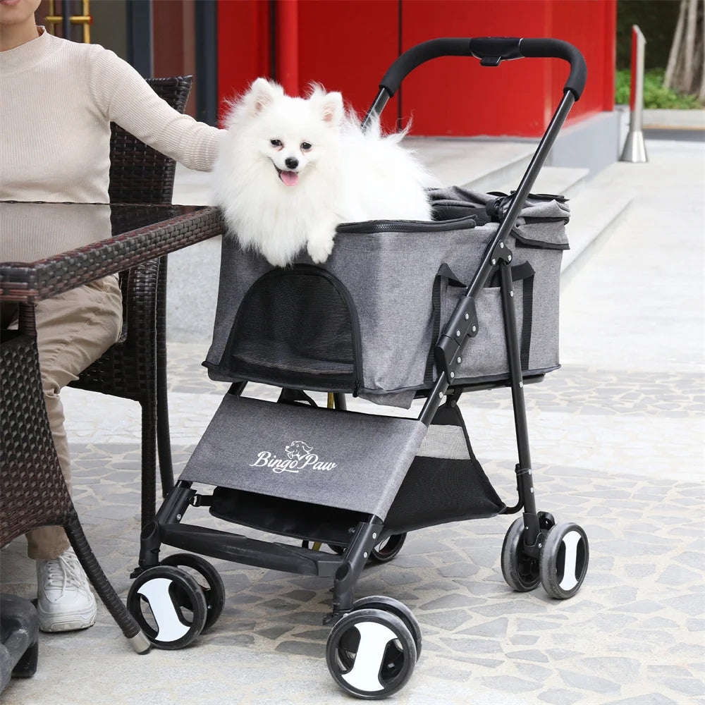 Foldable Pet Dog Stroller With Rain Cover And Storage Basket