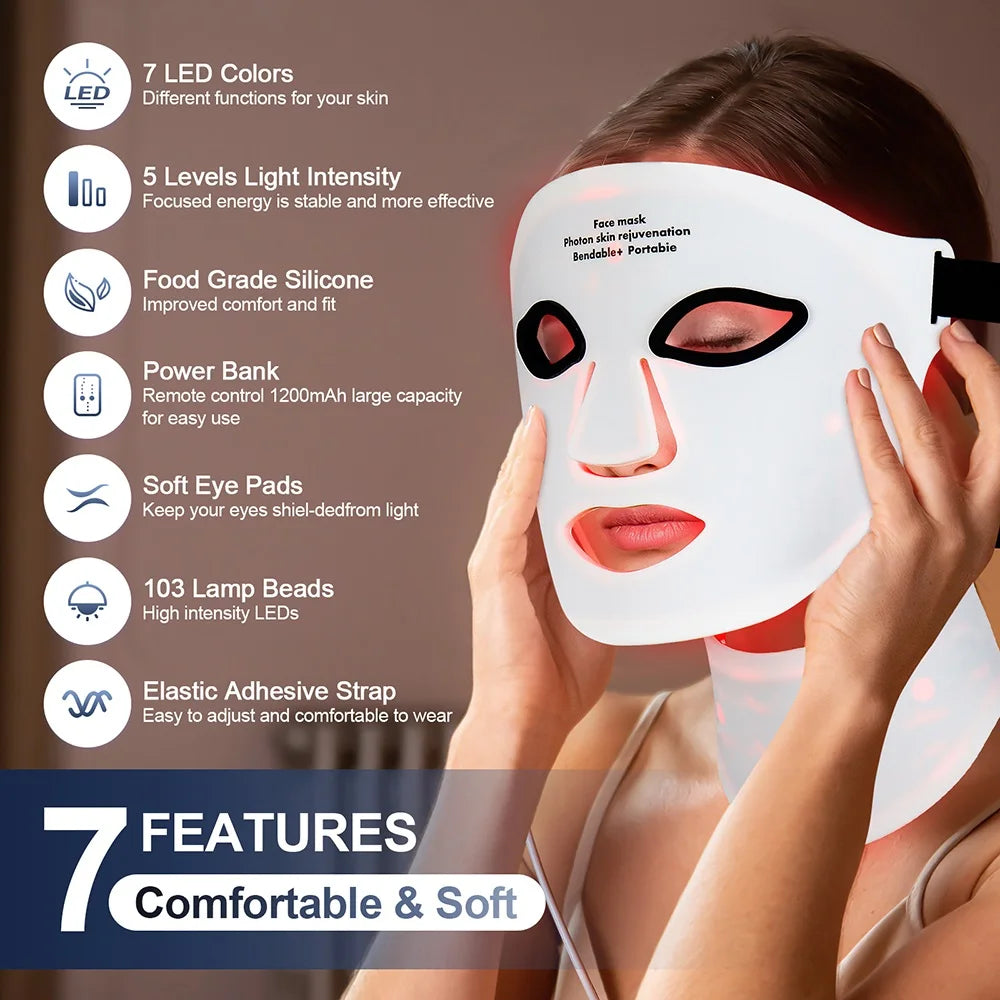 Silicone LED Face Neck Mask 7 Colors Red Light Infrared Photon Therapy Mask Flexible Wireless LED Beauty Mask for Skin Repair Rejuvenation Home Skin care
