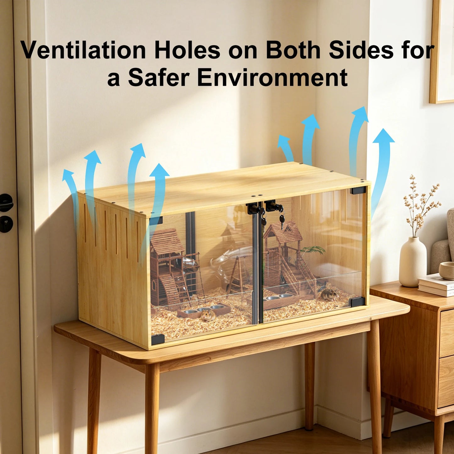 Wooden Hamster Cage Chew Proof Small Animal Habitat With Doors