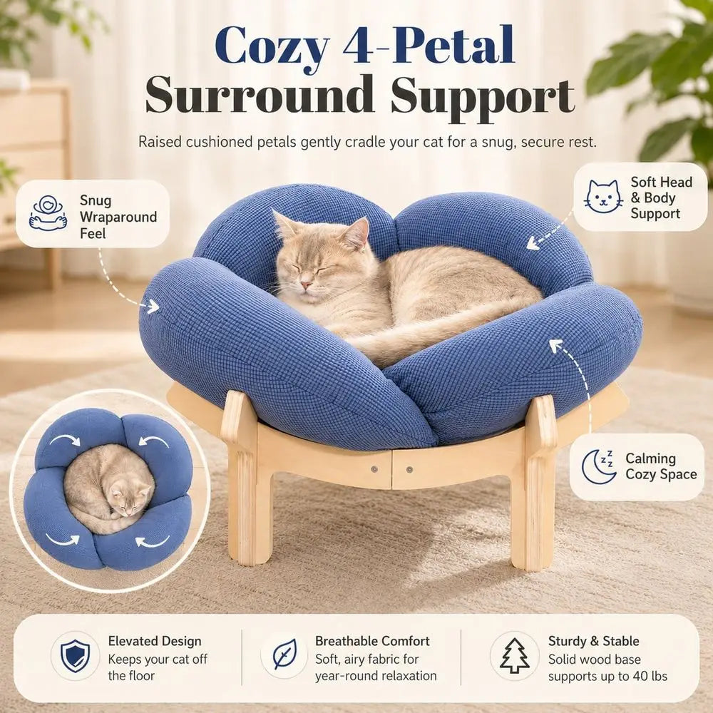 Elevated Cat Bed Flower Petal Sofa With Premium Cushion Wood Frame