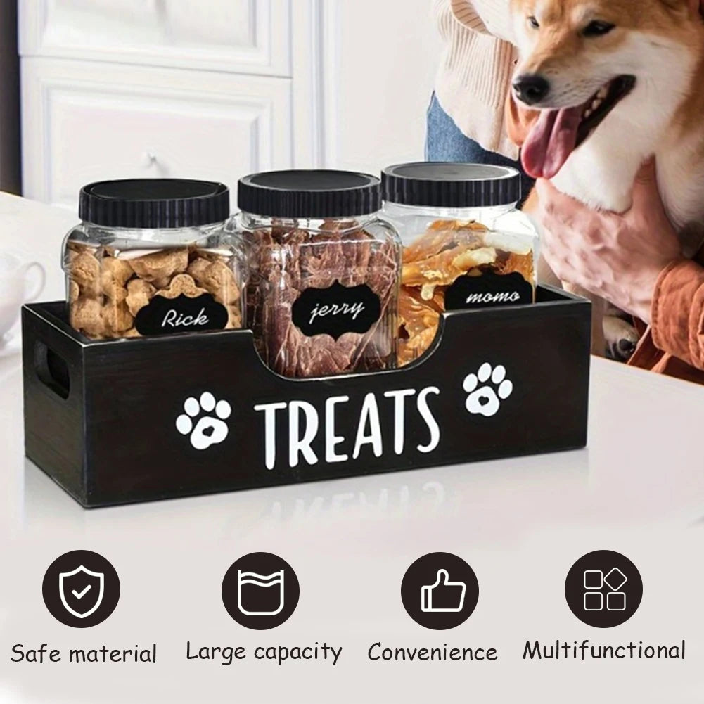 Wooden Dog Treat Container With 3 Plastic Jars Storage Organizer