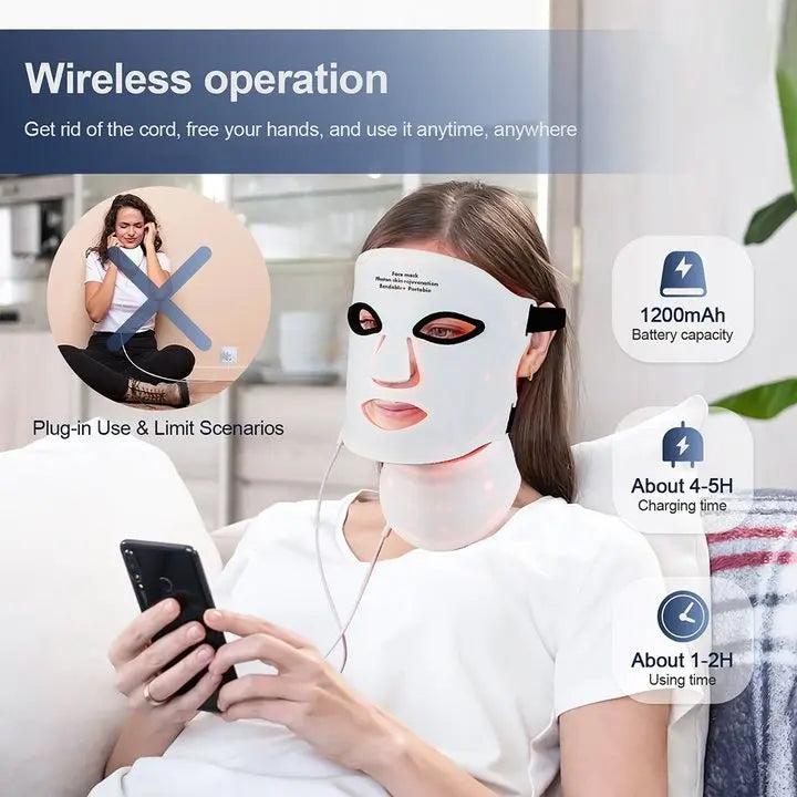 Silicone LED Face Neck Mask 7 Colors Red Light Infrared Photon Therapy Mask Flexible Wireless LED Beauty Mask for Skin Repair Rejuvenation Home Skin care