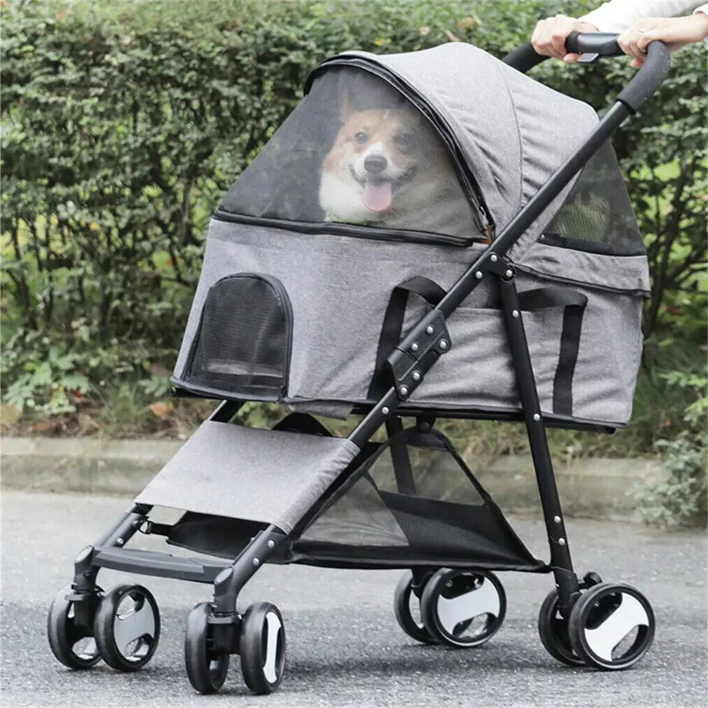 Foldable Pet Dog Stroller With Rain Cover And Storage Basket