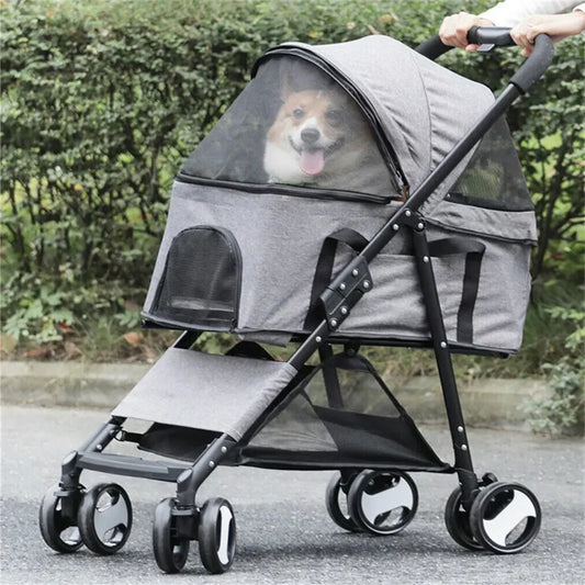 Foldable Pet Dog Stroller With Rain Cover And Storage Basket