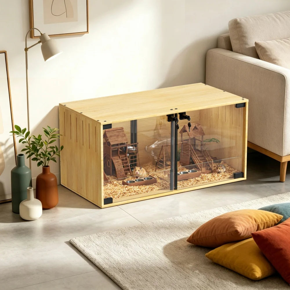 Wooden Hamster Cage Chew Proof Small Animal Habitat With Doors