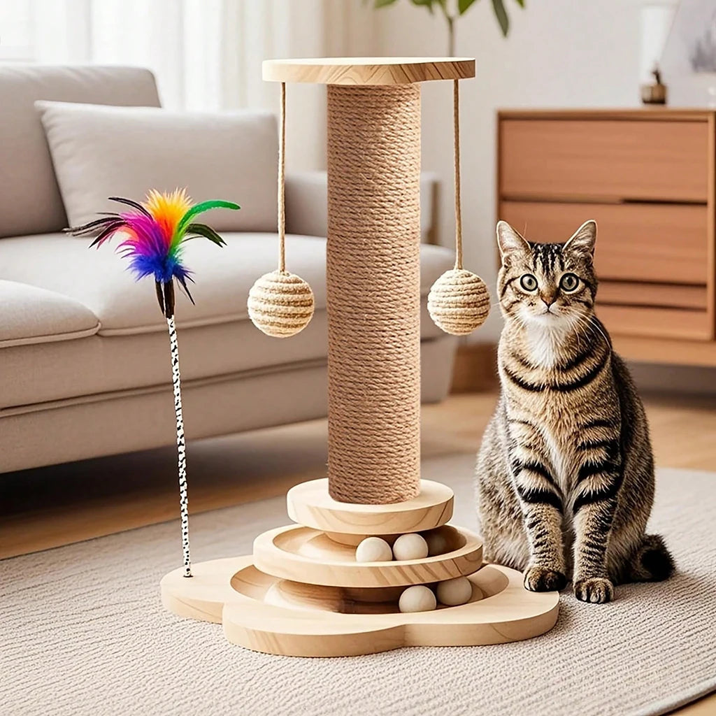 Wooden Cat Scratcher With Ball Track Feather Toy Activity Center