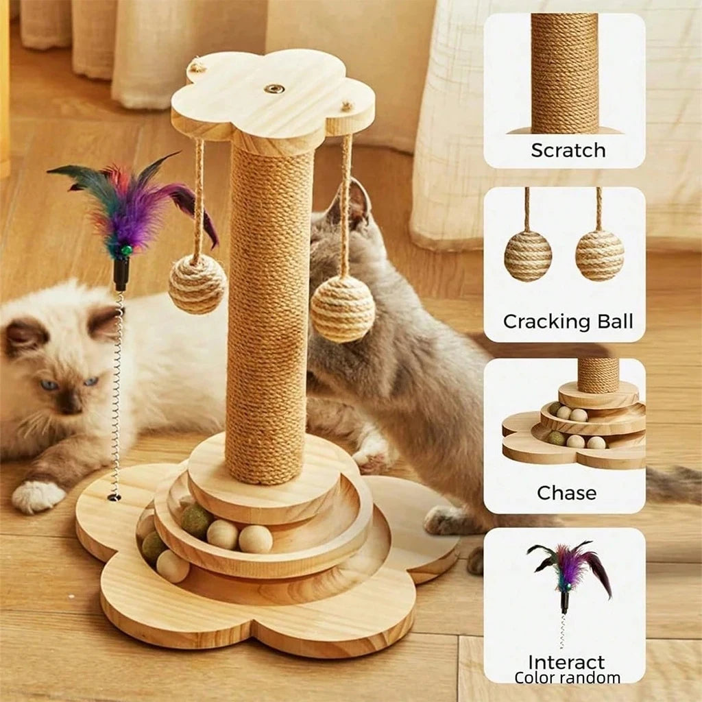 Wooden Cat Scratcher With Ball Track Feather Toy Activity Center
