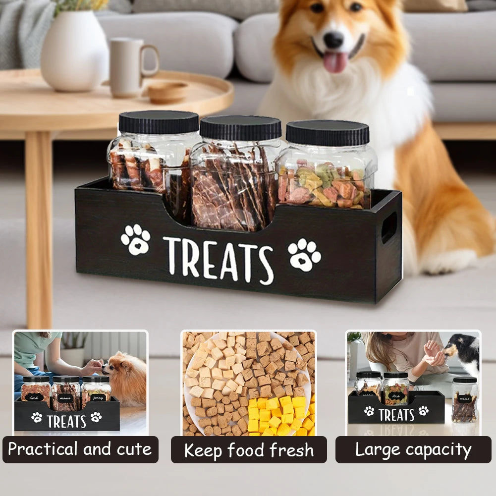 Wooden Dog Treat Container With 3 Plastic Jars Storage Organizer