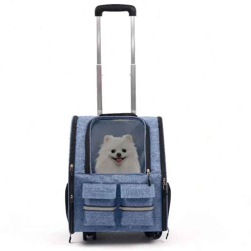 Rolling Pet Carrier With Telescopic Handle And Shoulder Strap
