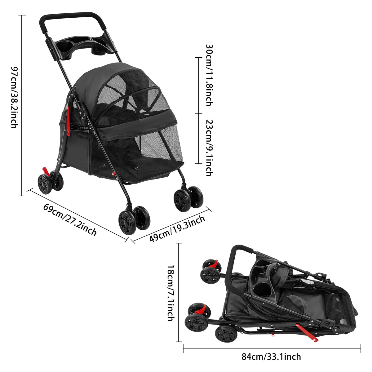Bymaocar Foldable Pet Stroller Travel Cart For Dogs And Cats