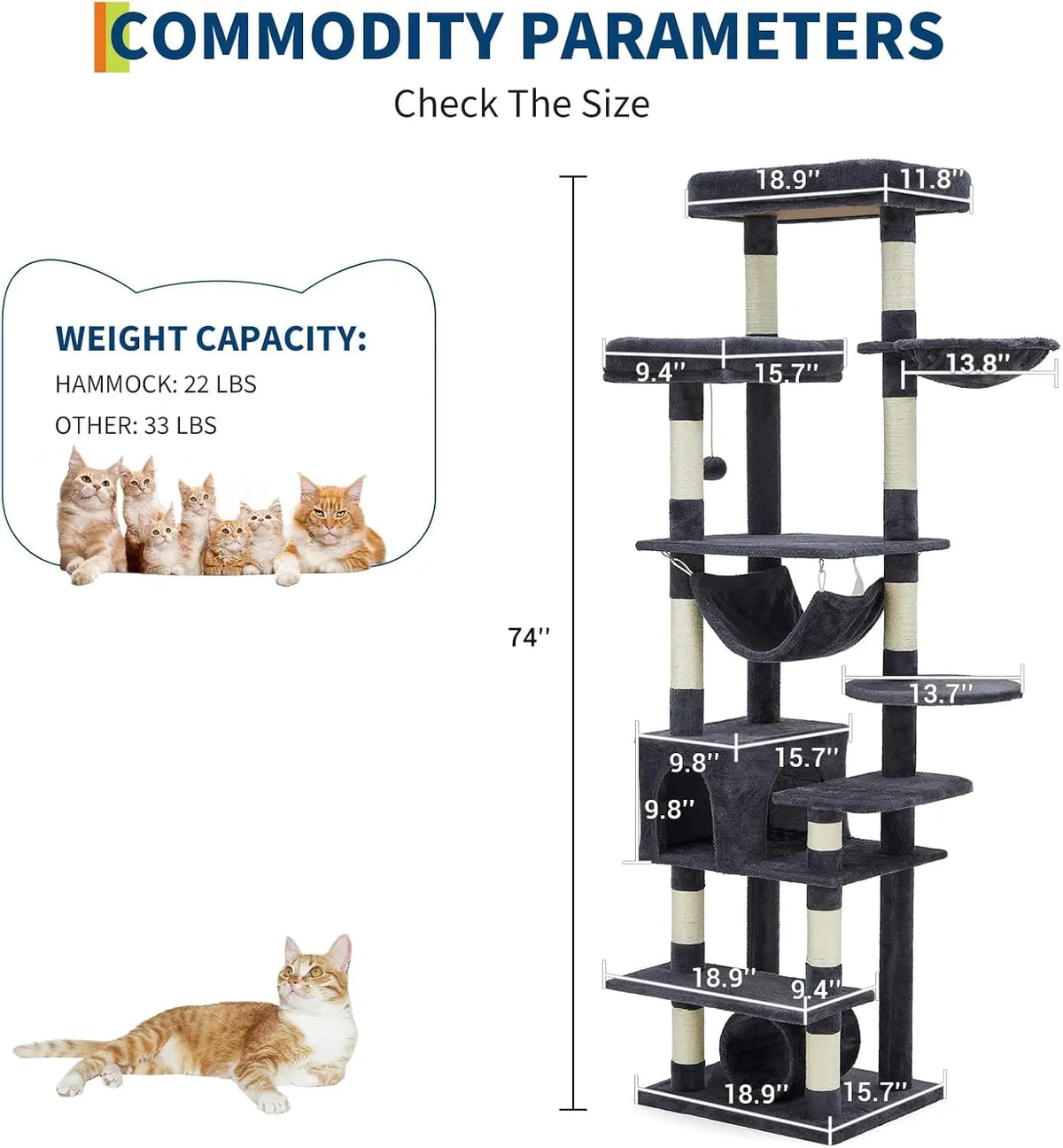 TWISTER CK Large Cat Tree Tower With Hammock And Condo